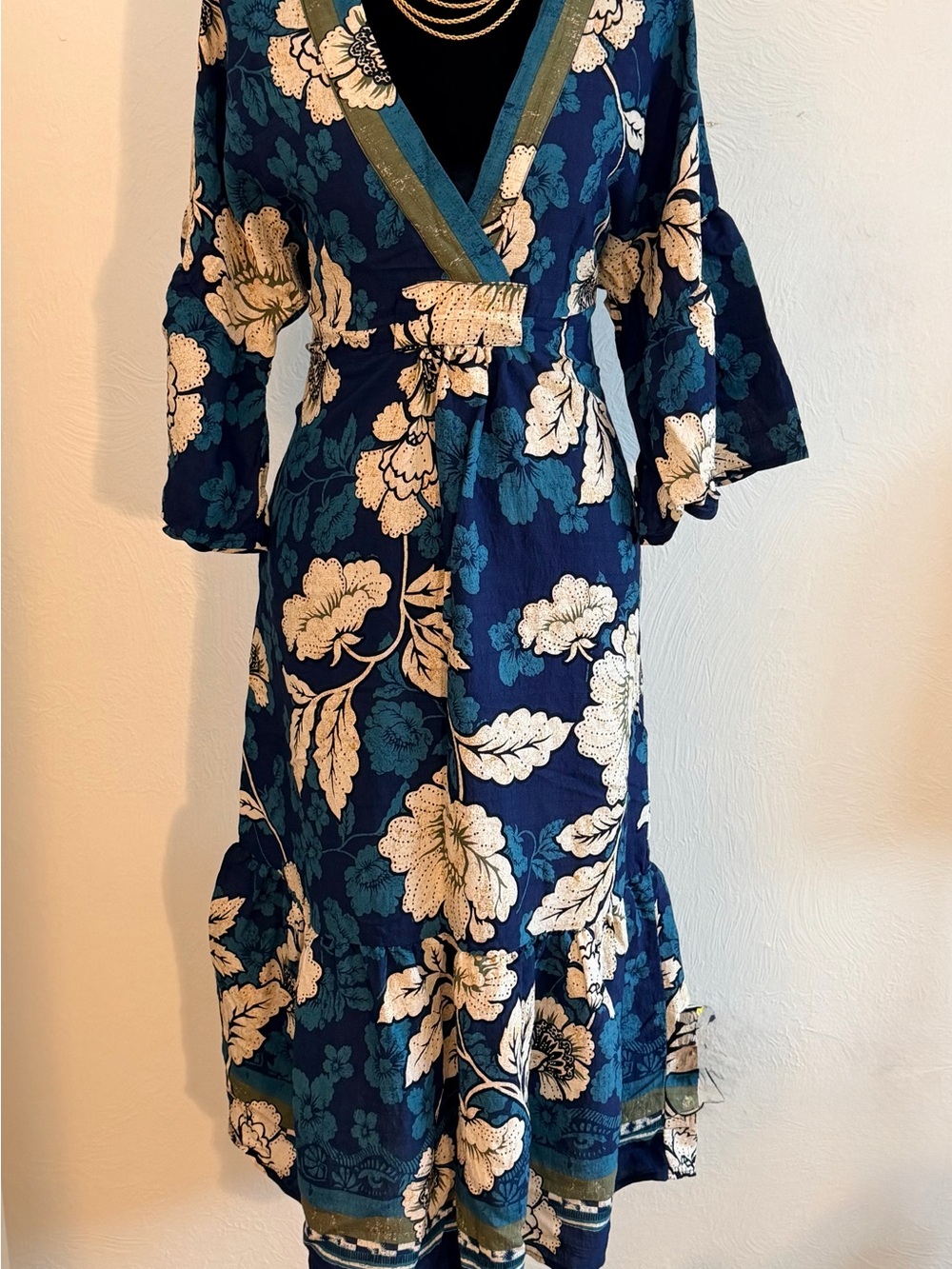 sofia by sofia vergara Navy and Cream Floral Wrap Midi Dress with Bell Sleeves